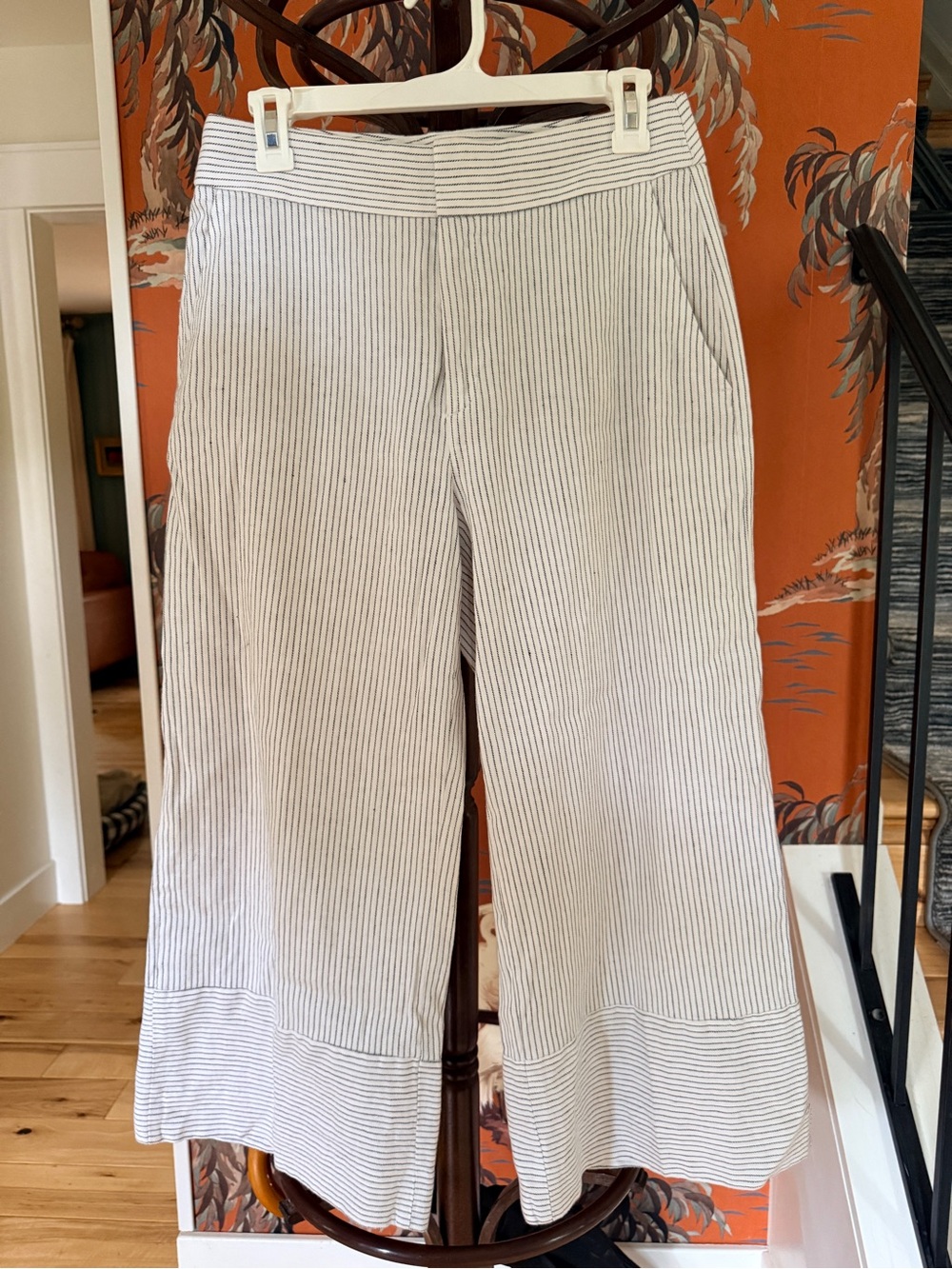 Striped Wide-Leg Cropped Pants - White with Navy Pinstripes
